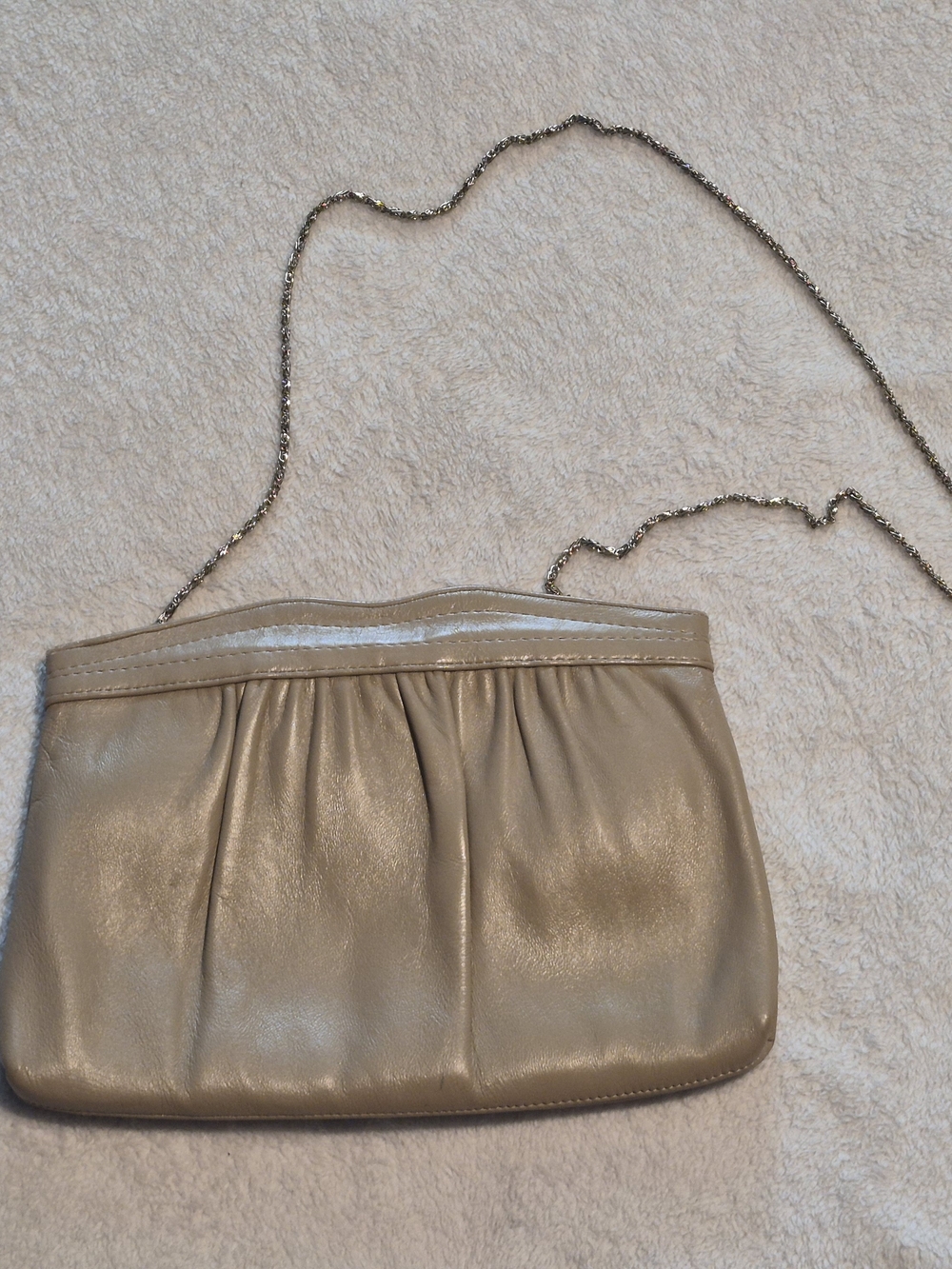 Vintage Andé Taupe Beige Leather Shoulder Bag Clutch with Gold Chain